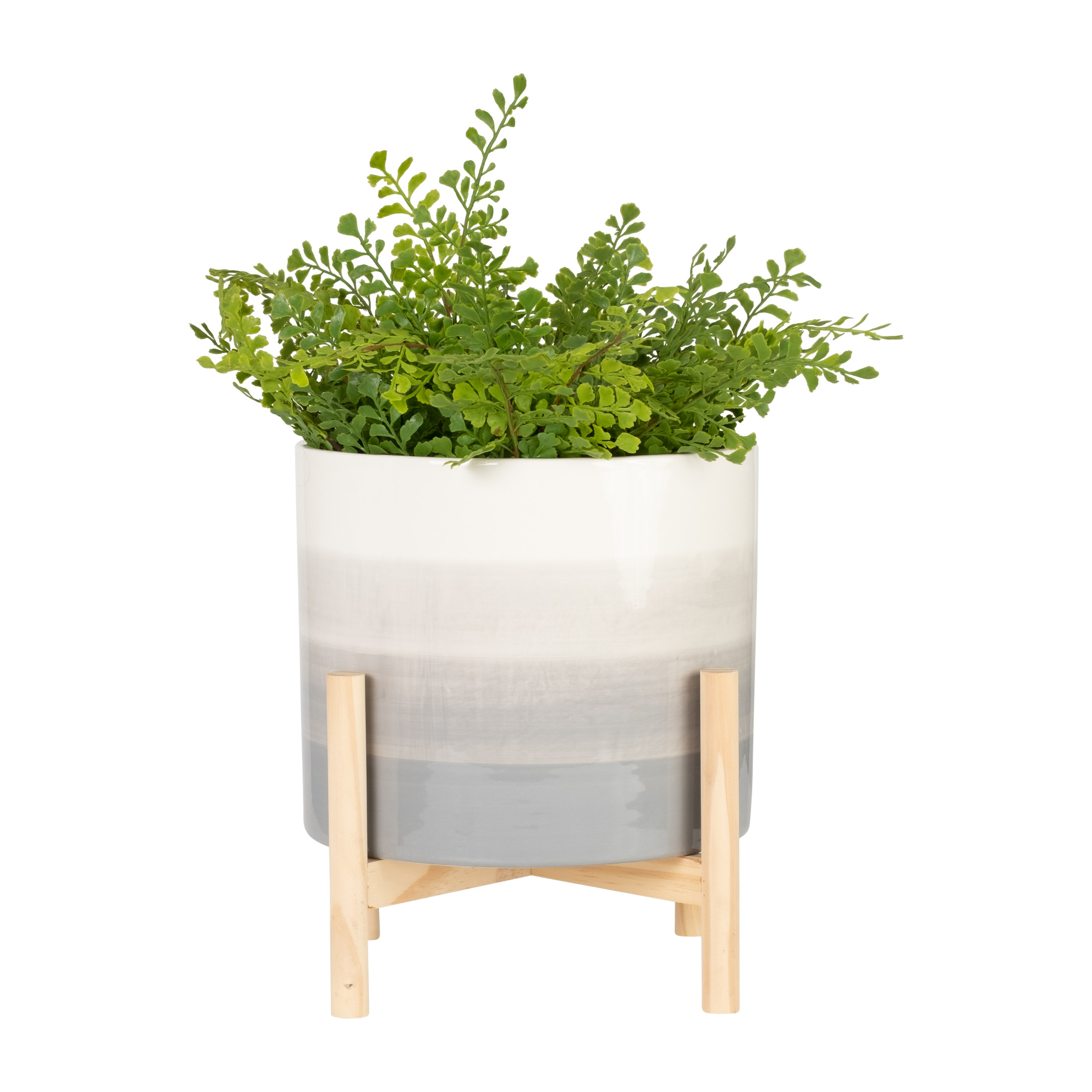 Round Flower Pots with Wood Legs for Home Decor - Ceramic Plant Pot for Indoor and Outdoor Plants - Modern Garden Style for Entryway and Hallway Styling - 14", Beige