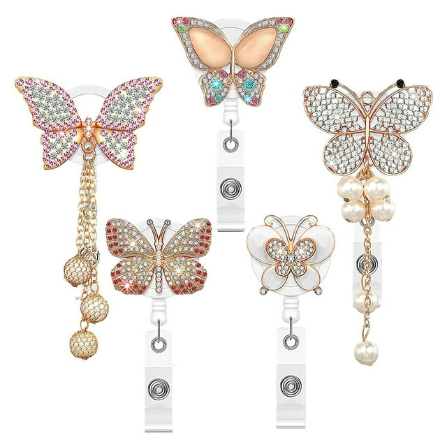 enjoywould Porte-Badge avec Clip Rétractable Élégant Strass Papillons Porte-Badge Mode Bijoux
