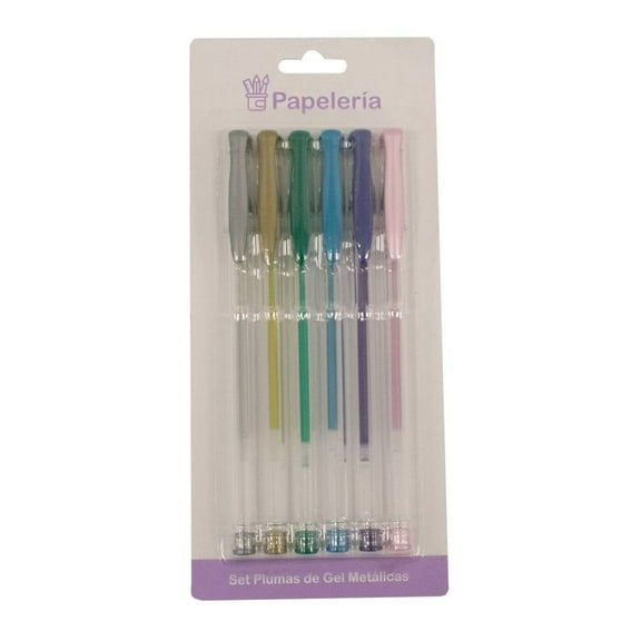 Set de Plumas Prichos de Gel Metálicas con Tapa Multicolor 6 Piezas