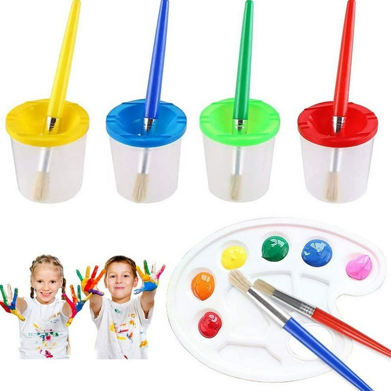 9 Pcs No Spill Paint Cups Set with Paint Brushes and Paint Tray Palette, Paint Cups with Lids for Kids Art Painting