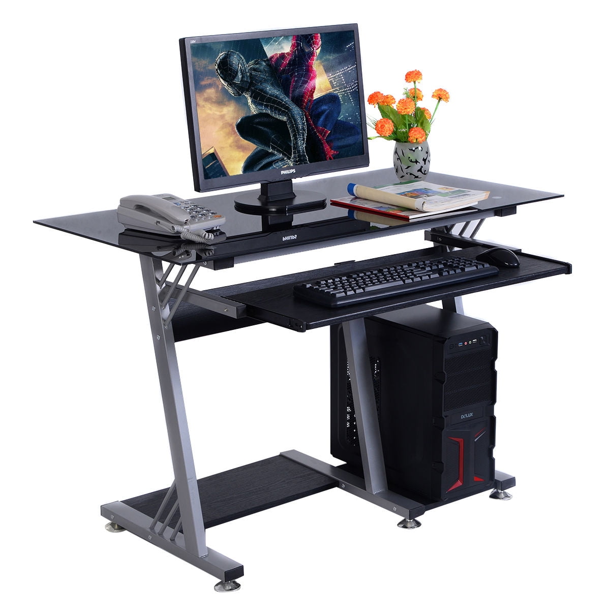 Costway Glass Top Modern Computer Desk Table Office Furniture Costway Glass Top Modern Computer Desk Table Office Furniture Keyboard Shelf Com