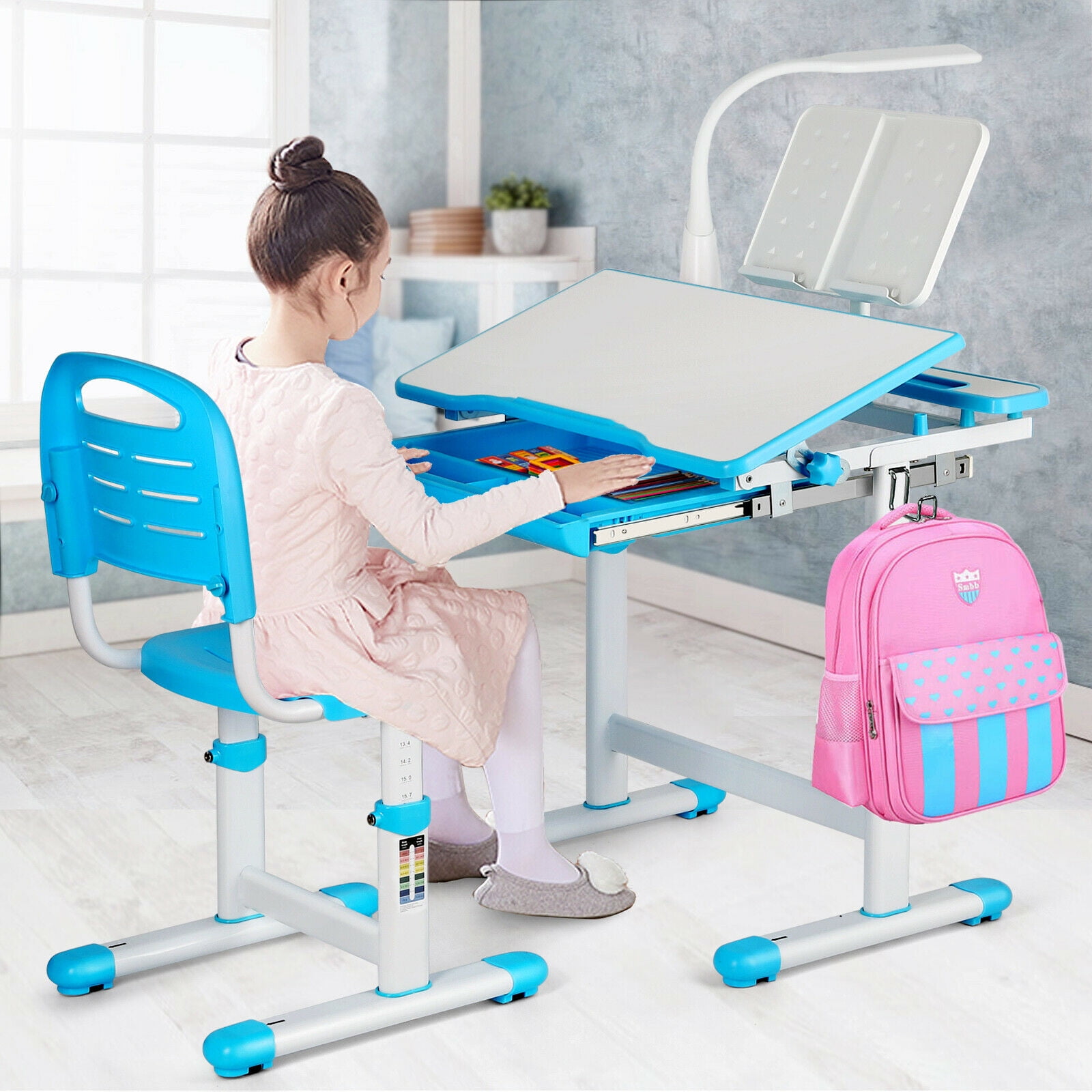 Blue Adjustable Children's Study Desk Chair Set Child Kids Table W/Desk LED Lamp 