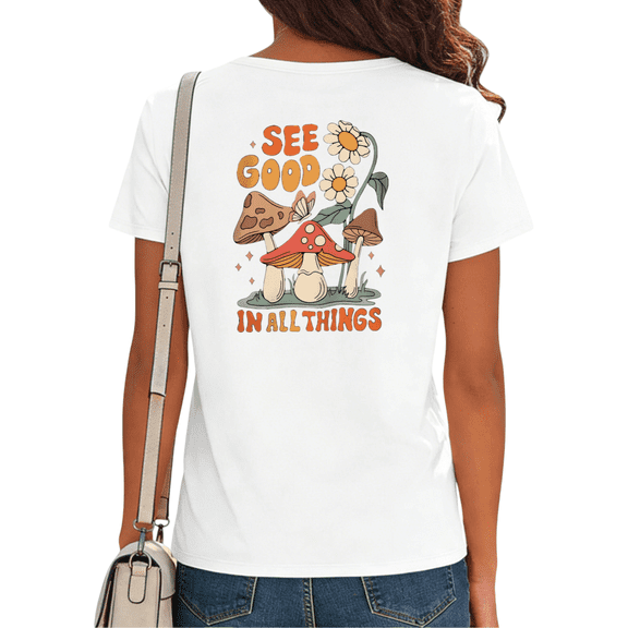 Giffimy Women's See Good In All Things Mushroom Floral Graphic Short Sleeve T-Shirt S-5XL Cotton Fashion Top