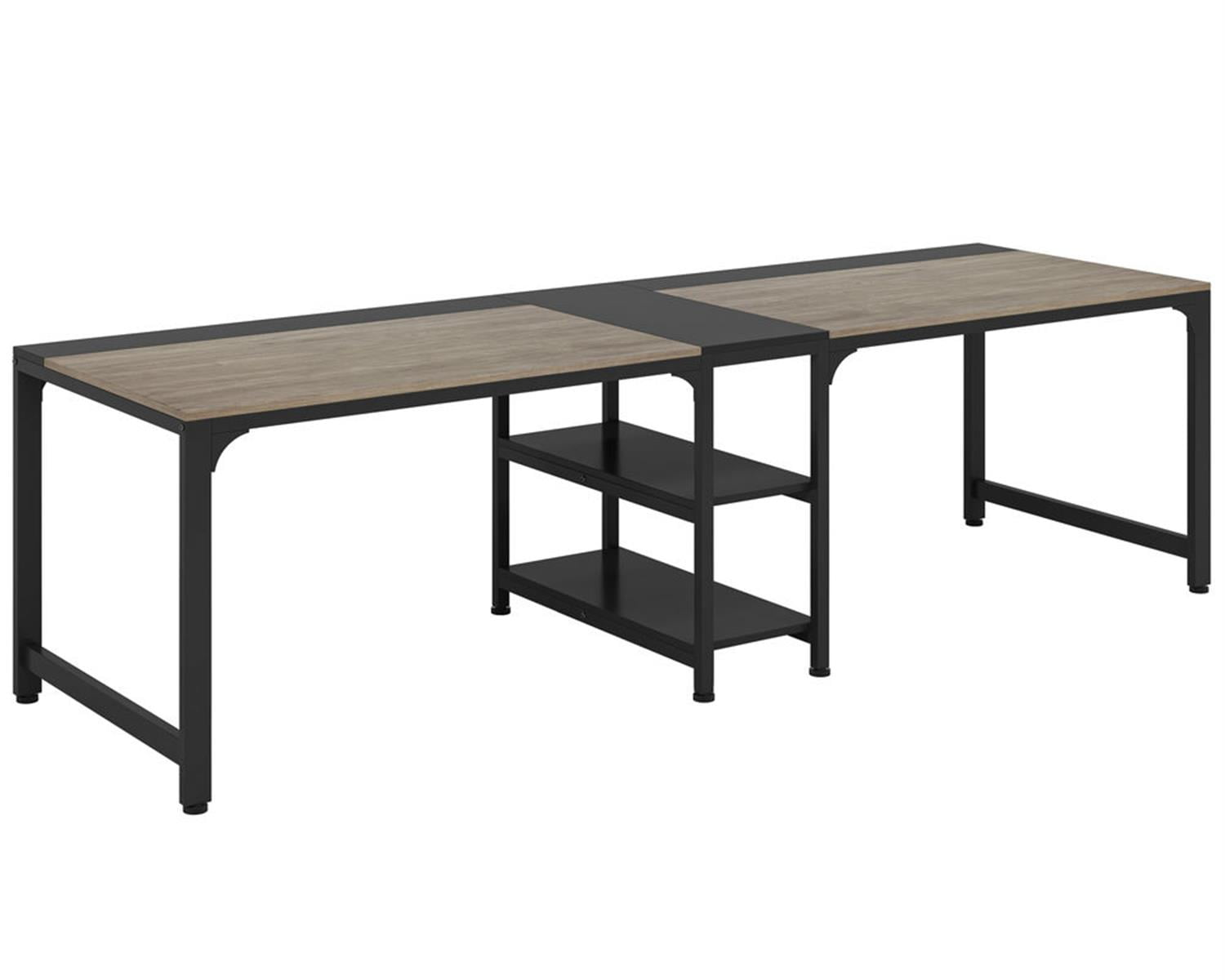 Demi Bonn 90" Industrial Two Computer Desk with Storage Shelves, Modern Double Study Writing Gaming Table for Home Office, Gray
