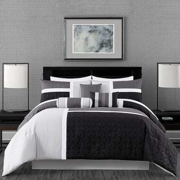 Chezmoi Collection Upland 7-Piece Quilted Patchwork Comforter Set, Black/Gray/Light Gray, Full
