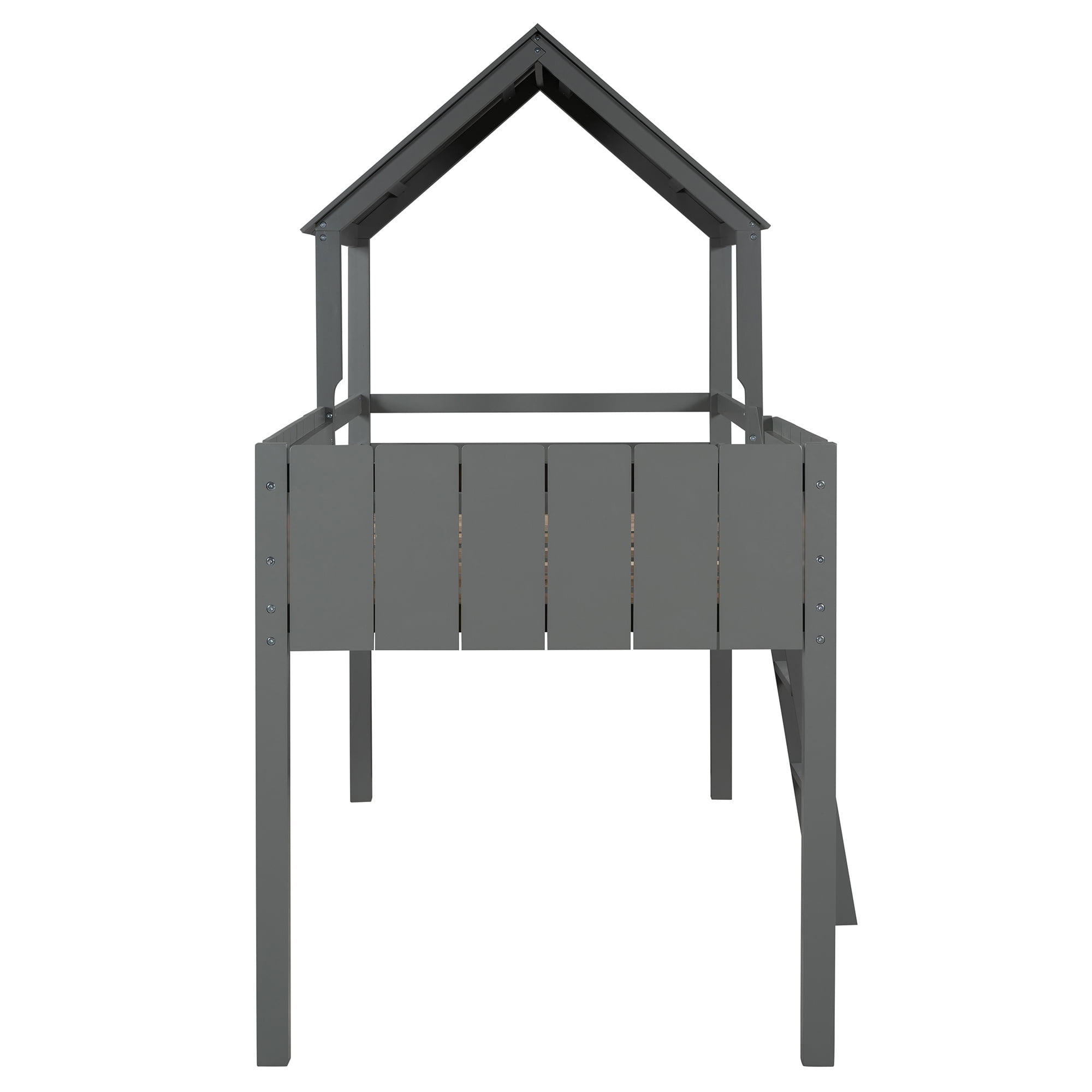 Modern Twin Size Loft Bed Wood Bed with Roof, Guardrail & Ladder, Toddler House Bed Bedroom Furniture, Space-Saving Wood Bed Frame, Under Bed Storage, No Box Spring Needed (Gray)