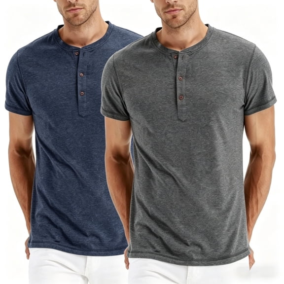 Vicojack Men's Henley T-Shirts 3-Button Placket Short Sleeve Plain Casual Summer Tee, Pack of 2 (M-XXL)