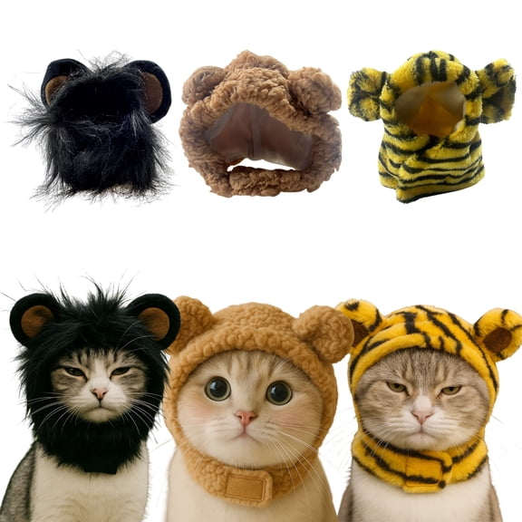 Cute Pet Costume Collection Reflective Short Plush Lion, Bear, Tiger Cat & Small Dog Hats, Multicolor, One Size, 3 Piece Set (3 Pack) VIET ABEL CRAFTS
