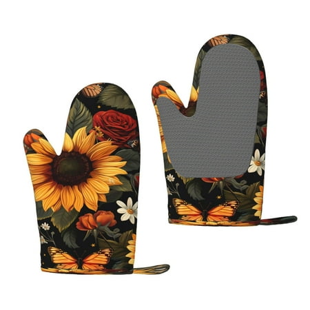 

Lukts Sunflower Floral Butterfly for Silicone Anti-Scalding Gloves Kitchen Lanyard Gloves for Grilling Baking Cooking