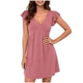 thumbnail image 2 of FengLS Women's Summer Mini Dress Waist Pleated Flowy Wedding Guest Dress Elegant Flutter Sleeves V-Neck Party Short Dress, 2 of 5