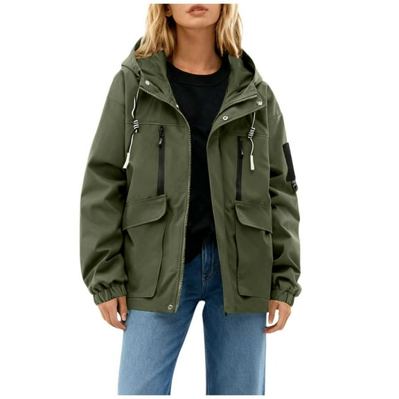 TtopsQueen Women Oversized Cargo Hooded Jacket, Multi Zipper & Flap Pocket Windproof Coat with Drawstring Hem, Elastic Cuffs Streetwear Casual Outer Layer Army Green,XXXXL