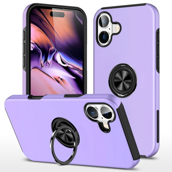 360 Rotating Ring Grip Hybrid Case for iPhone 16 Plus - Purple