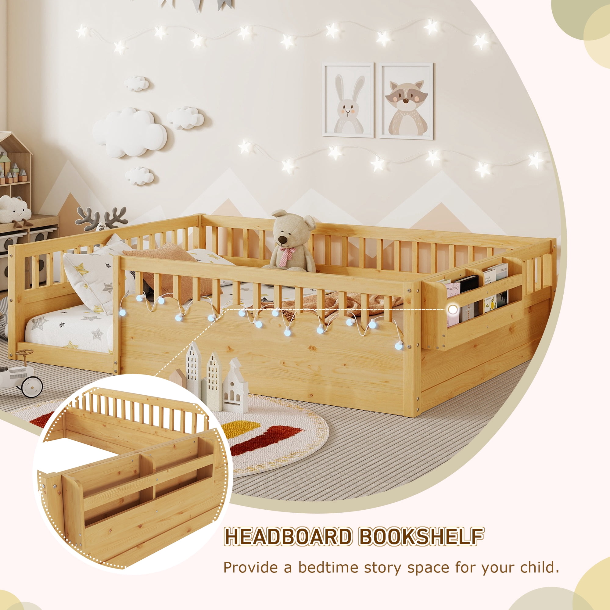 Full Size Toddler Floor Bed Frame, Montessori Floor Bed with Guardrails, Pine Wood Bed Frame for Kids, No Slats Included, Natural
