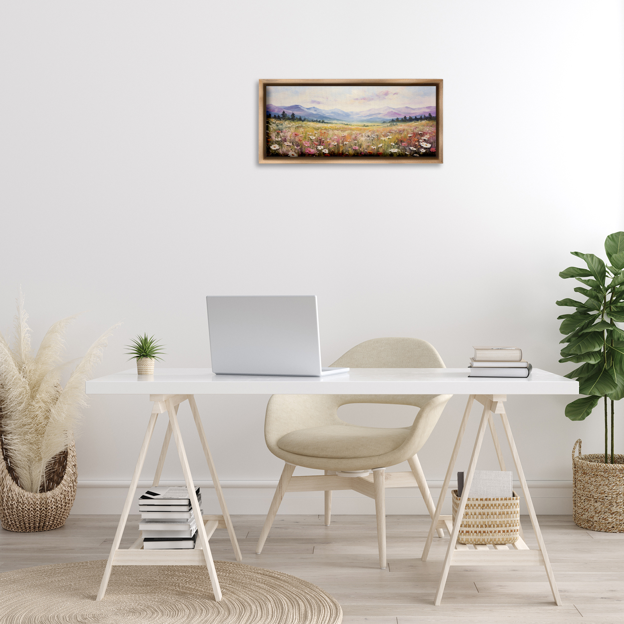 Stupell Industries Mountainous Daisy Meadow Landscape Painting Brown Floater Framed Art Print Wall Art, 25 x 11