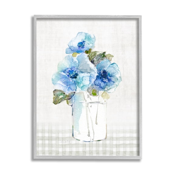 Stupell Industries Blue Flowers on Tartan Botanical & Floral Painting Gray Framed Art Print Wall Art, 11 x 14