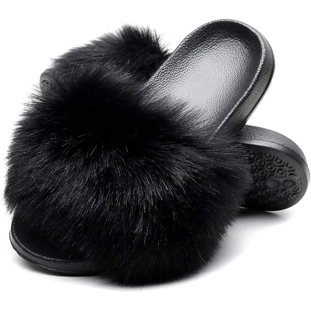 Women's for Fox Fur Slippers Fuzzy Slides Fluffy Sandals Open Toe Indoor  Outdoor(40-41) 