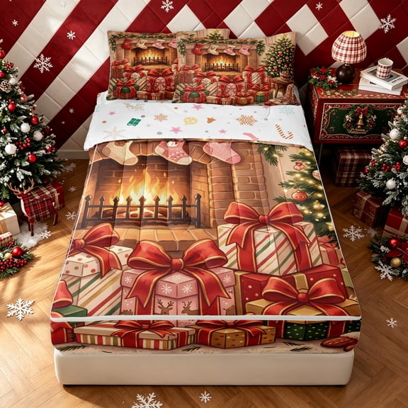 Erosebridal Christmas Fireplace Zipper Twin Comforter Sets with Fitted Sheet and 2 Pillowcases, Stocking Gift Zipper Bedding Set, Orange Red, Christmas Reversible, 4 Pieces