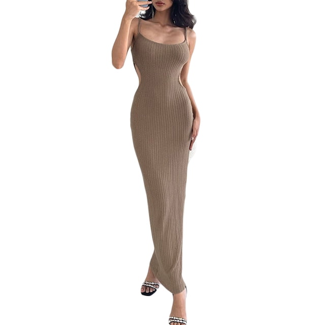 Txlixc Vestido largo de mujer, vestido de unión hueco con correas de spaghetti de color sólido para adultos Txlixc moda