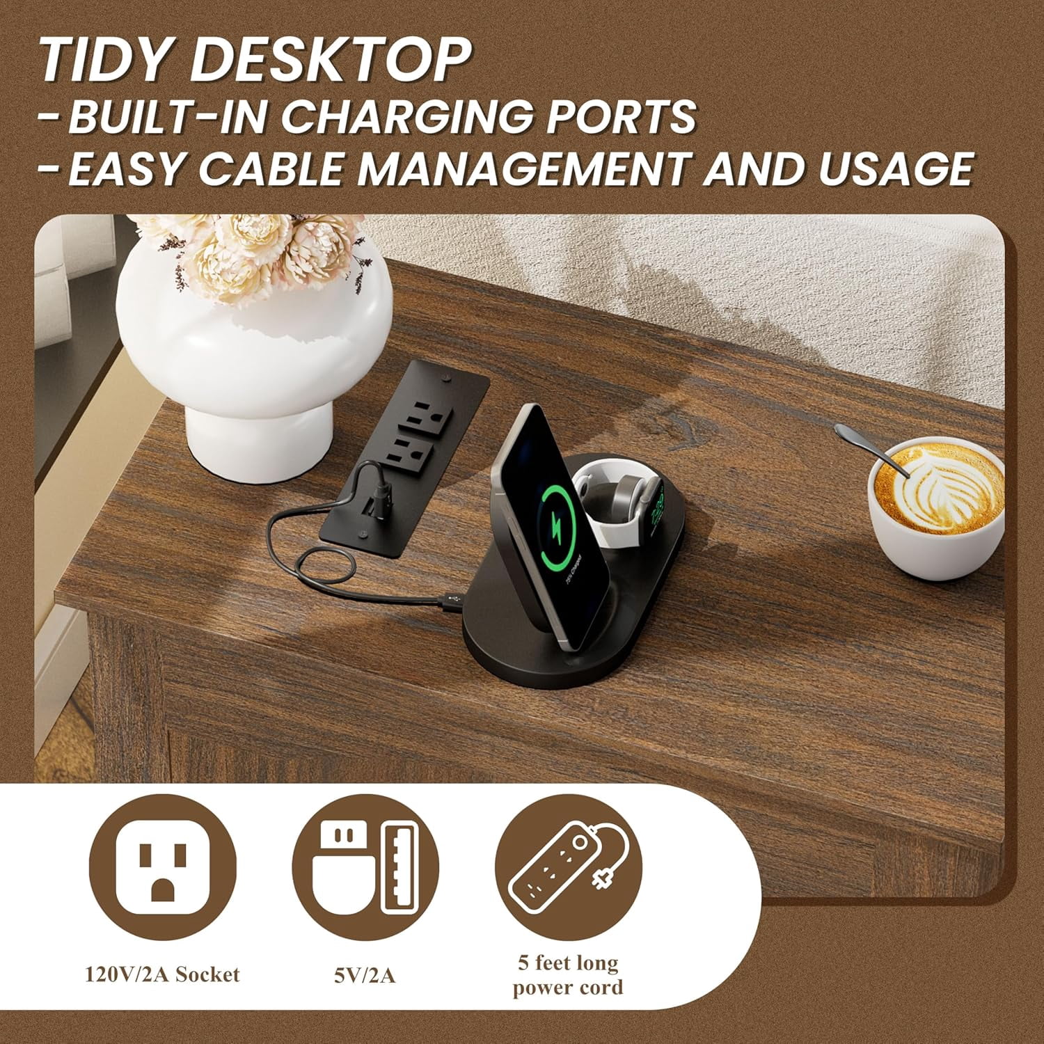 (2 pack) RTC GROUP Narrow Farmhouse End Table with Charging Station, Bedside Table with Storage Cabinet, 2 AC Outlets & 2 USB Ports, Side Table for Bedroom, Living Room, Couch or Sofa, Walnut