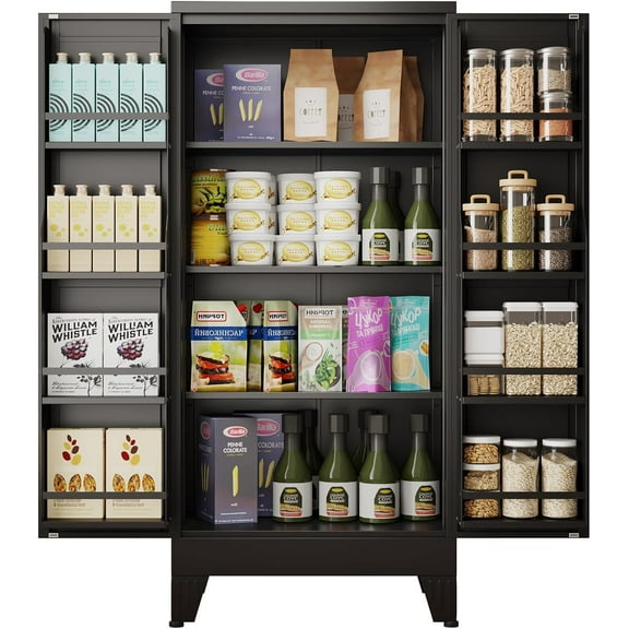 51" H Tall Metal Kitchen Pantry Storage Cabinet, Freestanding Storage Cabinets with Magnetic Doors and Adjustable Shelves, Black Metal Pantry Cabinet for Dining Room and Living Room.