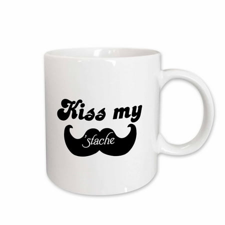 

3dRose Funny Kiss my stache mustache humor - Black and white moustache fun wordplay pun joke Ceramic Mug 15-ounce