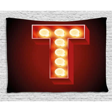 Letter T Tapestry, Cinema Circus Club Theme Old Fashioned Show Business Inspired Typography, Wall Hanging for Bedroom Living Room Dorm Decor, 60W X 40L Inches, Ruby Yellow Black, by