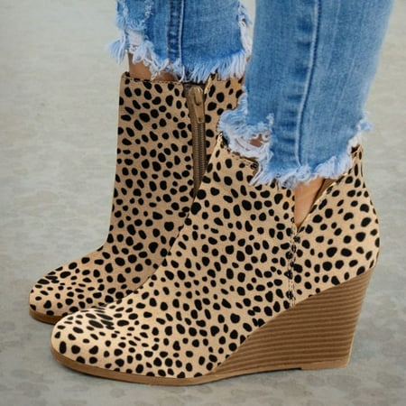 

Women s Ladies Fashion Girls Leopard Wedges Ankle Zipper Short Boots Bootie Shoes Yellow 6