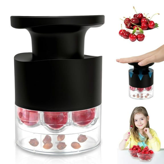 Genreen Cherry Pitter, Quick Release Multi Cherries Pitter 7-in-1, Push Button Cherr'y Core Pit'ter Tool with Splatter Protector, Pit Seed Remover for Making Jam Cherry Dishes (Black-7-Hole)