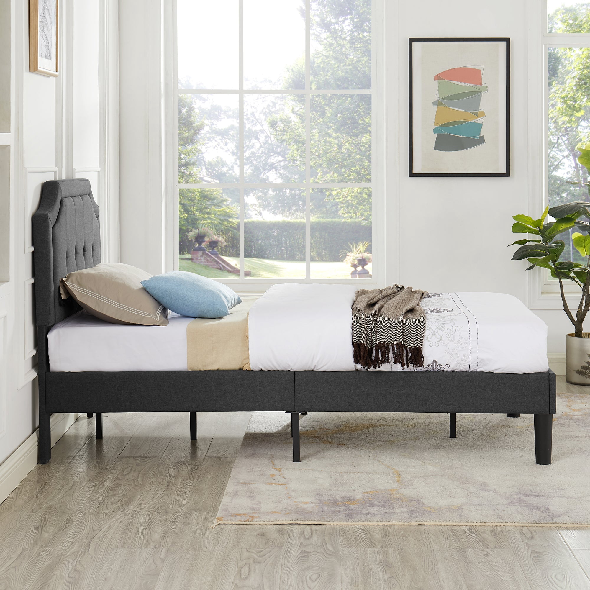 Javlergo Twin Size Bed Frame with Upholstered Adjustable Diamond Stitched Panel Headboard, Wood Slat Support/Easy Assembly, Gray
