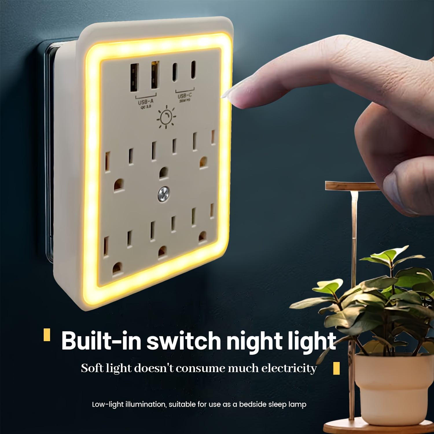 10-in-1 Power Strip: 6 AC Outlets, 4 USB Ports (2 USB-C, 2 USB-A) with PD20W Fast Charging, Surge Protector, Night Light & Phone Holder, Wall Mountable for Home, Bedroom, Kitchen