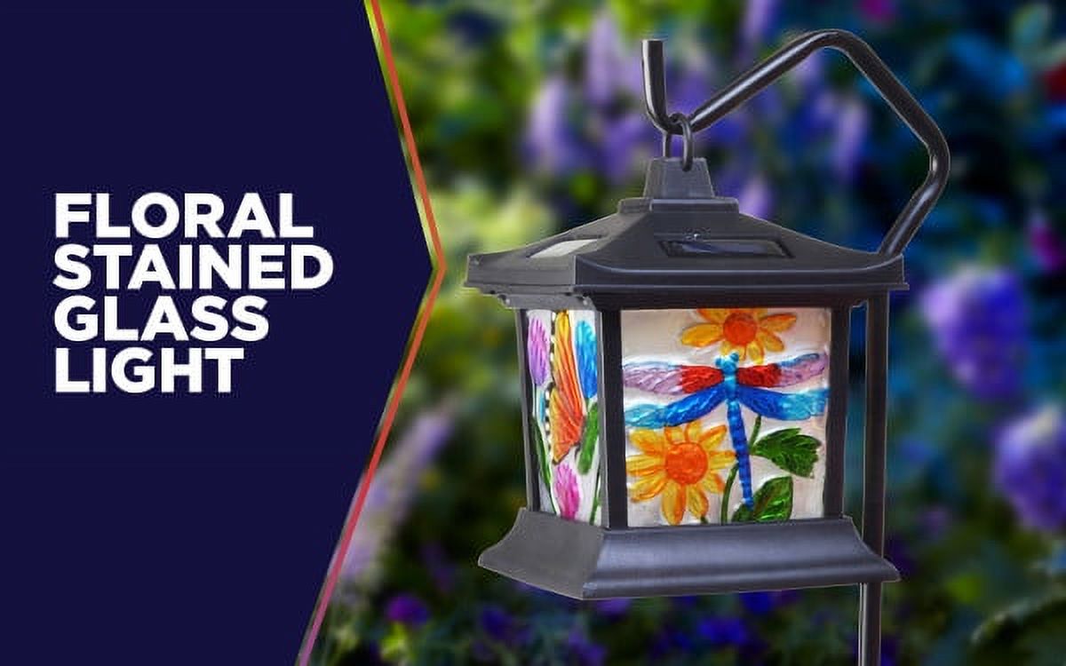 Moonrays 92276 Solar Powered Hanging Floral Stained Glass LED Lantern, 24-Inch Above Ground Height On The Shepherd’s Hook Made from Metal and Plastic, Rechargeable Battery Included - image 2 of 10
