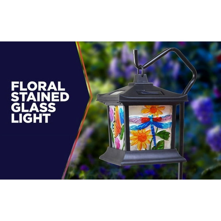 Moonrays 92276 Solar Powered Hanging Floral Stained Glass LED Lantern, 24-Inch Above Ground Height On The Shepherd’s Hook Made from Metal and Plastic, Rechargeable Battery Included Moonrays 92276 Solar Powered Hanging Floral Stained Glass LED Lantern, 24-Inch Above Ground Height On The Shepherd’s Hook Made from Metal and Plastic, Rechargeable Battery Included