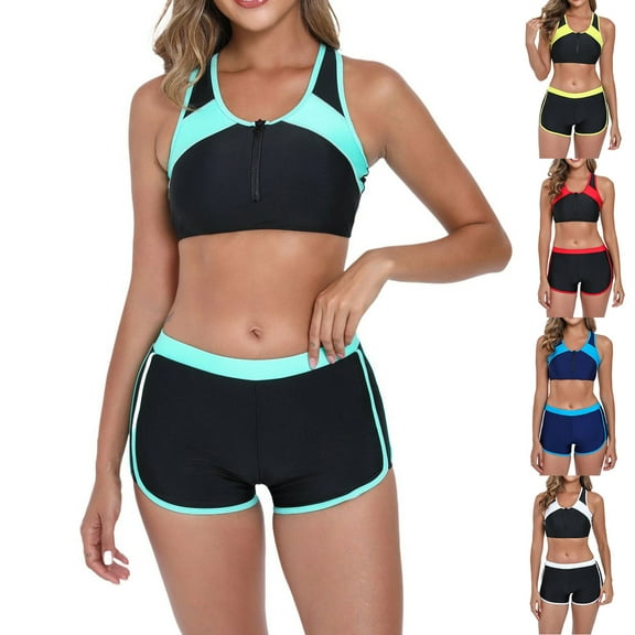 Bixock Swimsuit for Women,Bikinis Sets for Women,Women's Swimsuit Color Strap Round Neck Top and Shorts 2 Piece Set Sports Surf Swimwear