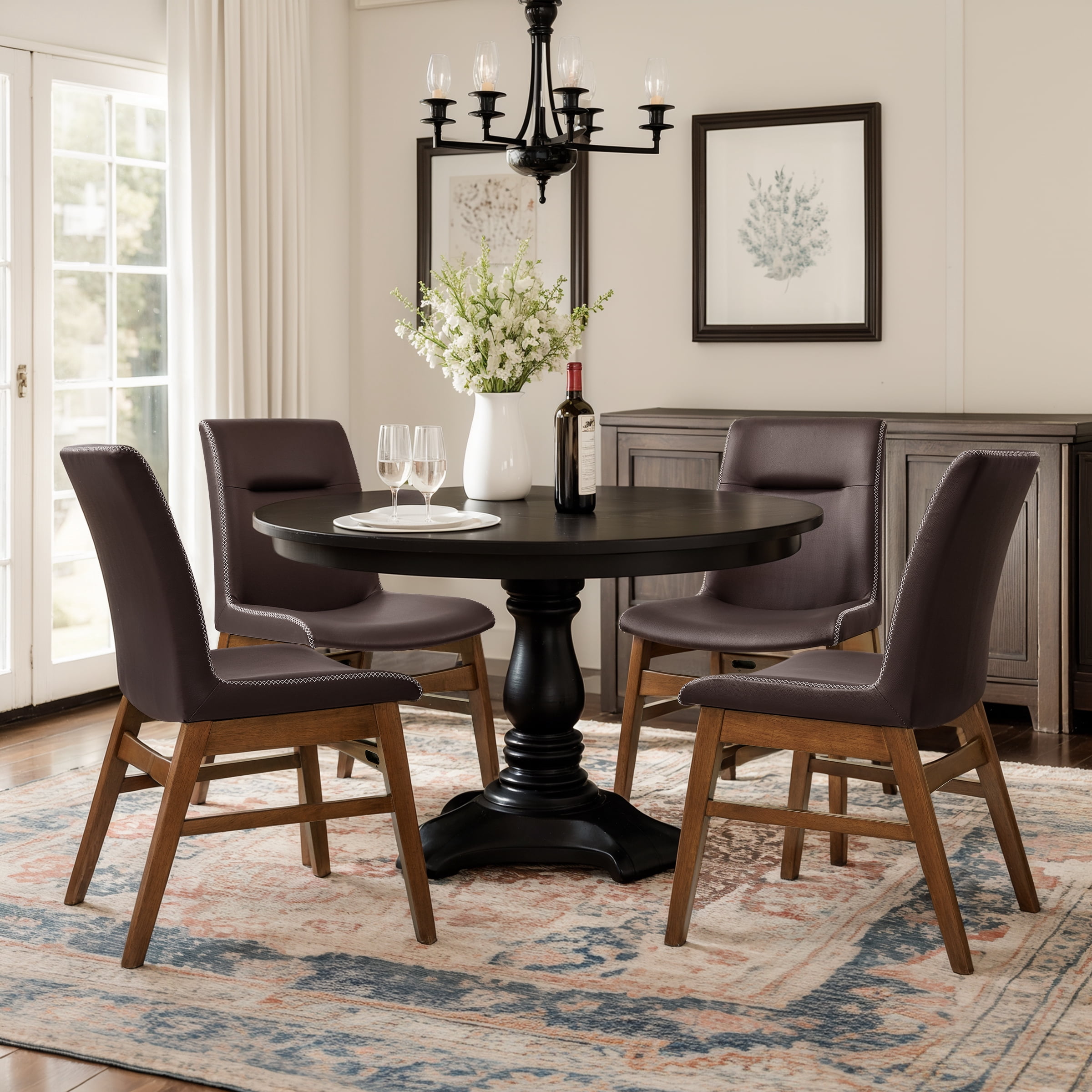 CHUN YI Modern Farmhouse Faux Leather Dining Chairs, Upholstered Kitchen Chairs, Set of 2, Brown