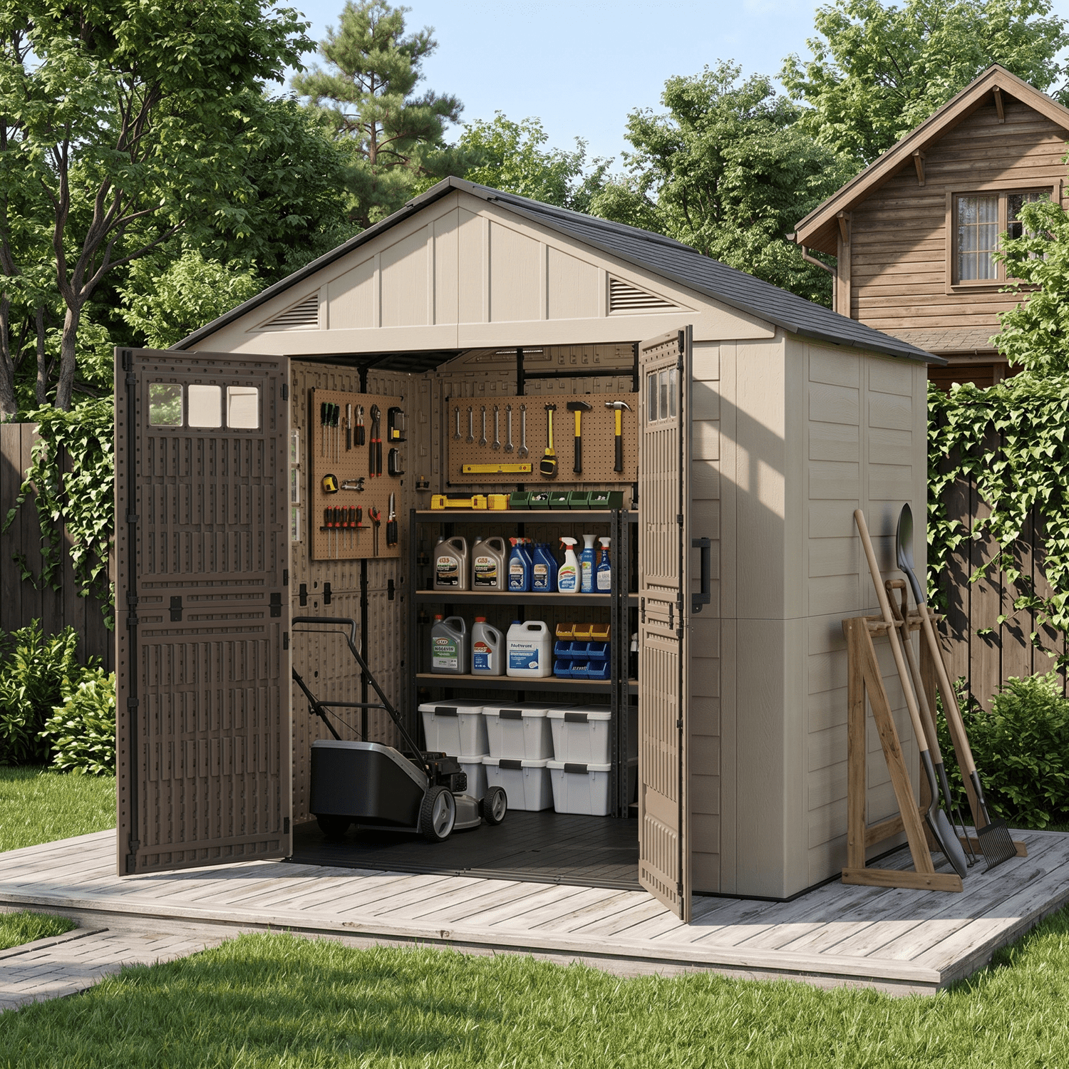 BaPiPro 8'x6' Resin Storage Shed with Floor, All-Weather Outdoor Shed with Window & Lockable Double Doors, Easy Assembly Outdoor Storage, Brown