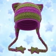 thumbnail image 2 of DFEK Star Cat Ear Hat for Adults Hand Crocheted Warm Striped Wool Winter Earflap Cap Dark Purple One Size, 2 of 2