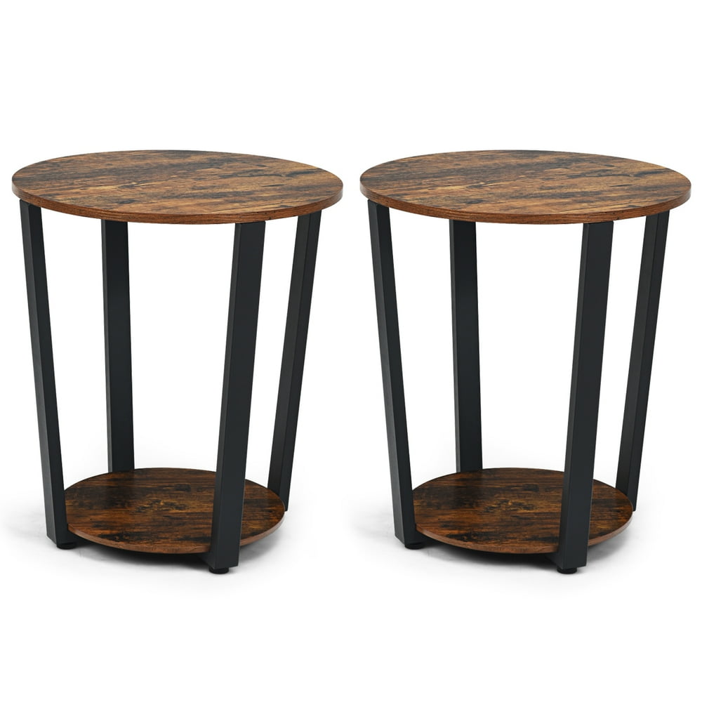 Set of 2 2Tier Industrial Round End Table Metal Sofa Side Table with