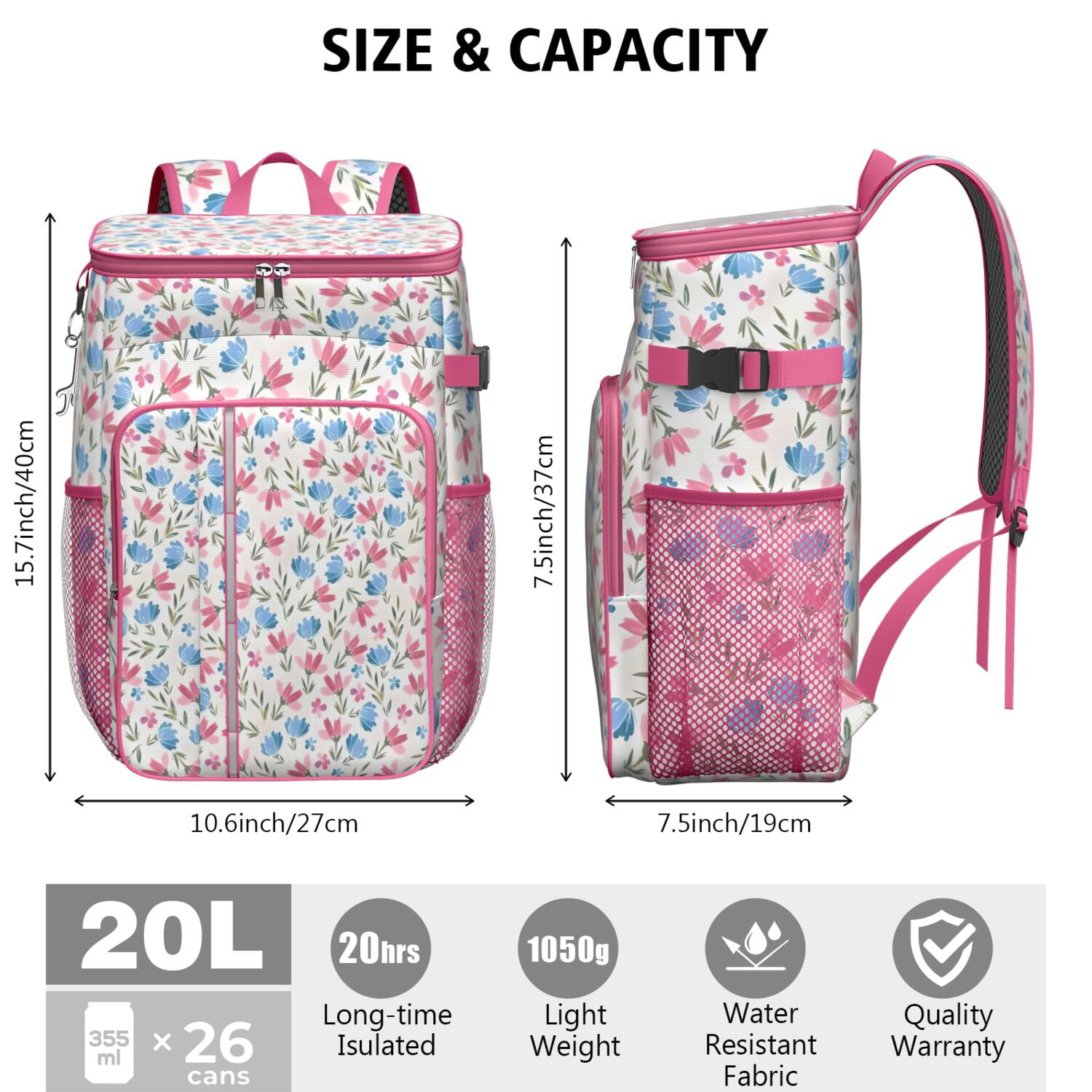 Travel Cooler Bag - Pioneer Flower Floral Print Pattern Camping Beer Cooler Backpack with Bottle Opener- Waterproof Insulated Picnic Backpacks - Cooler Bag for Beach