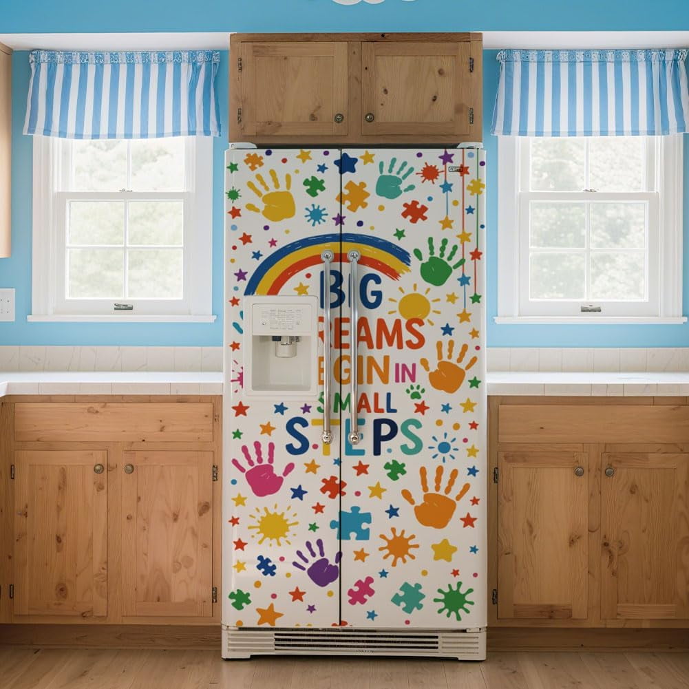 2 Sheet Watercolor Palm Print Removable Refrigerator Wraps Self-Adhesive Fridge Stickers Peel and Stick Vinyl Fridge Decals Sticker