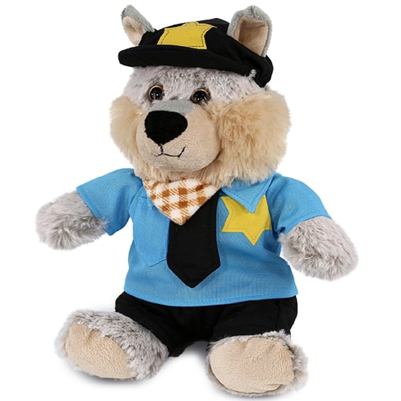 DolliBu Sitting Wolf Police Officer Plush Toy - Super Soft Wolf Cop Stuffed Animal Dress Up with Cute Cop Uniform and Cap Outfit - Fluffy Policeman Toy Plush Gift - 9 Inches