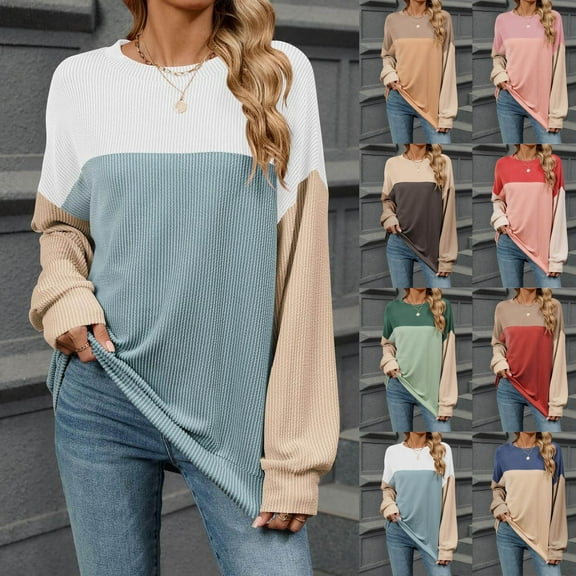 ATOYSOY Women's Retro Color Block Pullover Workout Long Sleeve Tees Fall Winter Casual Cotton Shirts Crew Neck Sweatshirts Outwear Fashion Loose Tops Blue L