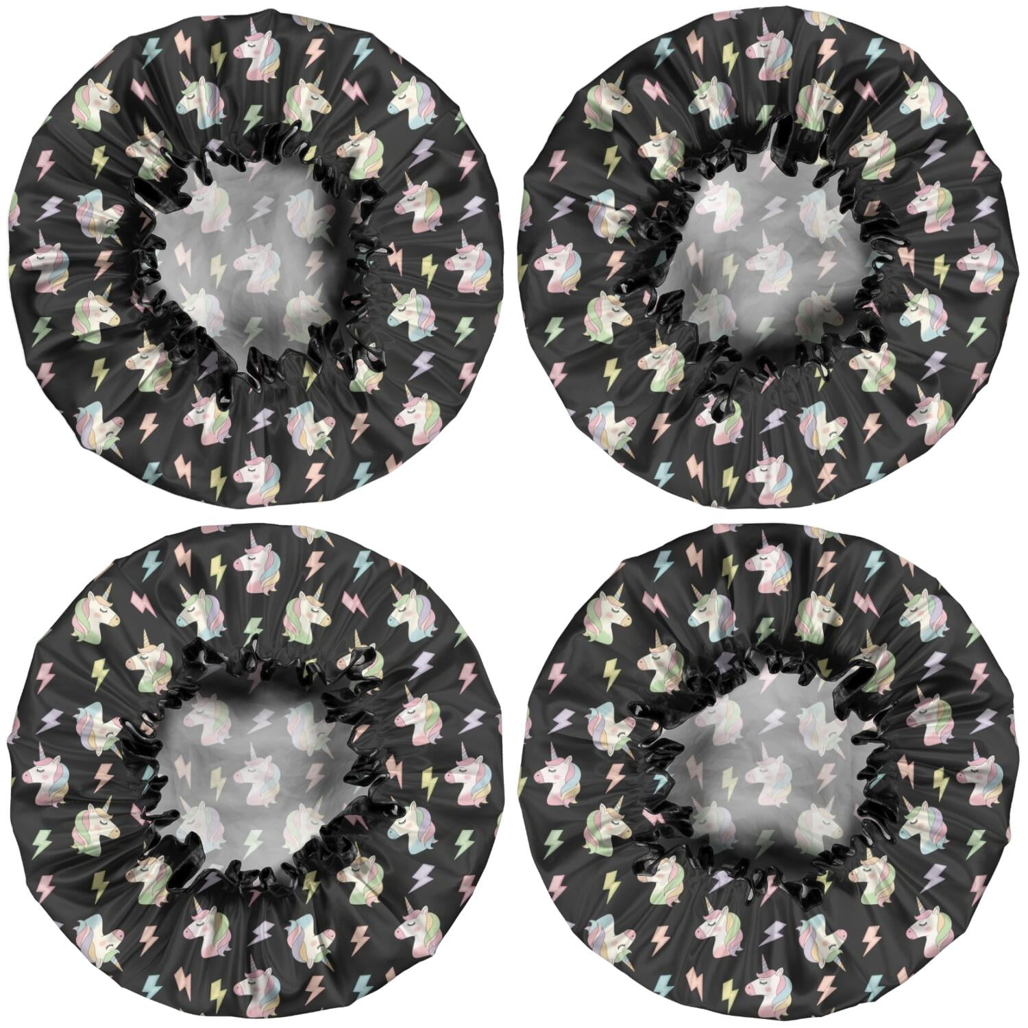 Shower Caps,Black Cartoon Unicorn Lightning Pattern Waterproof Shower Cap for Women 4 Pieces,Double Reusable Hair Cover for Shower PEVA Elastic Stretch Hem