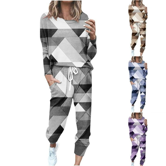 QQAMB Women Two-piece Sets Crewneck Color Block Long Sleeve Sweatshirt and Long Pants Sweatsuit