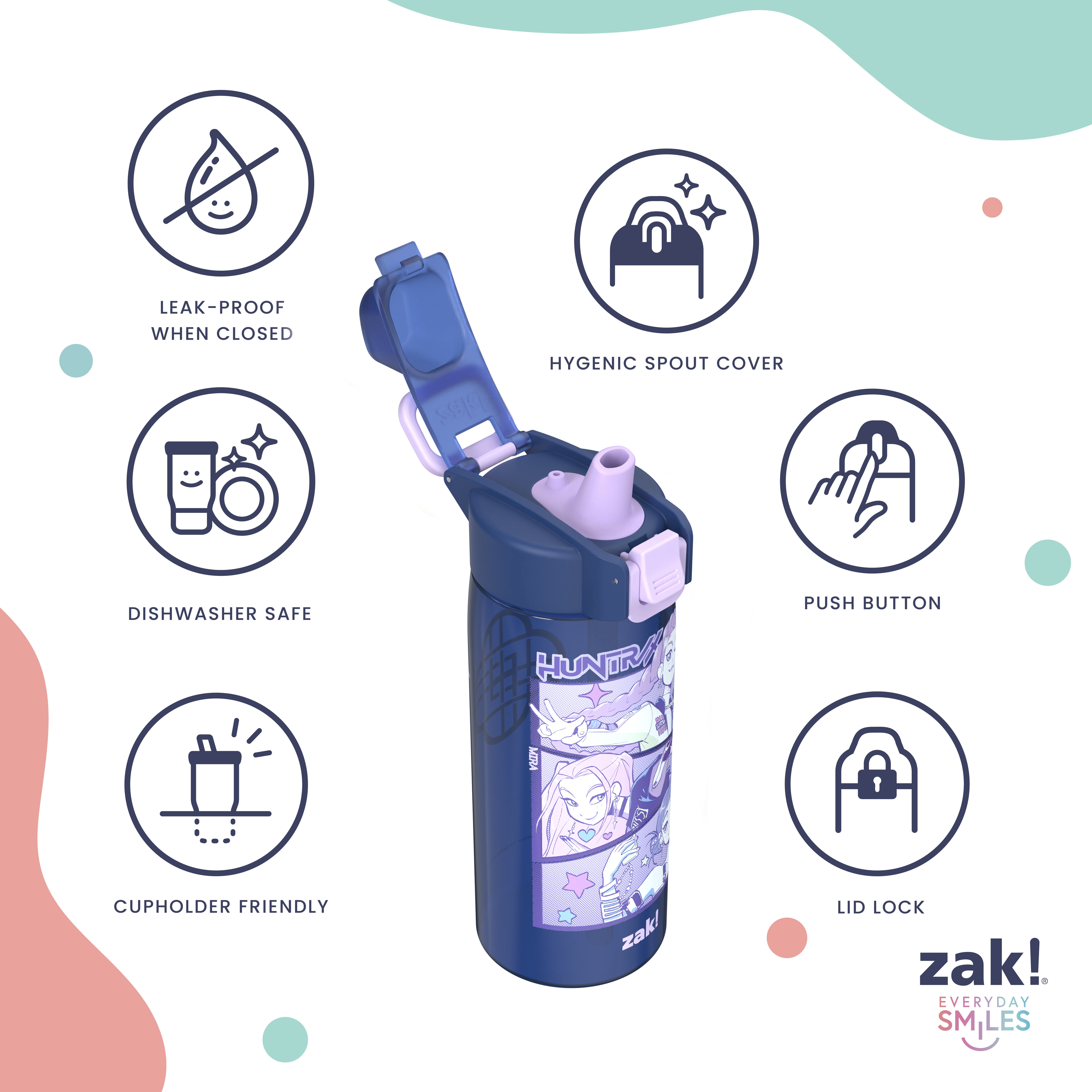 Zak Designs 25oz Kpop Demon Hunters Durable Plastic Jubilation Water Bottle with Leak Proof Spout Cover, Straw, Push Button Lid, Flip Up Lock, and Built In Carry, Huntrix