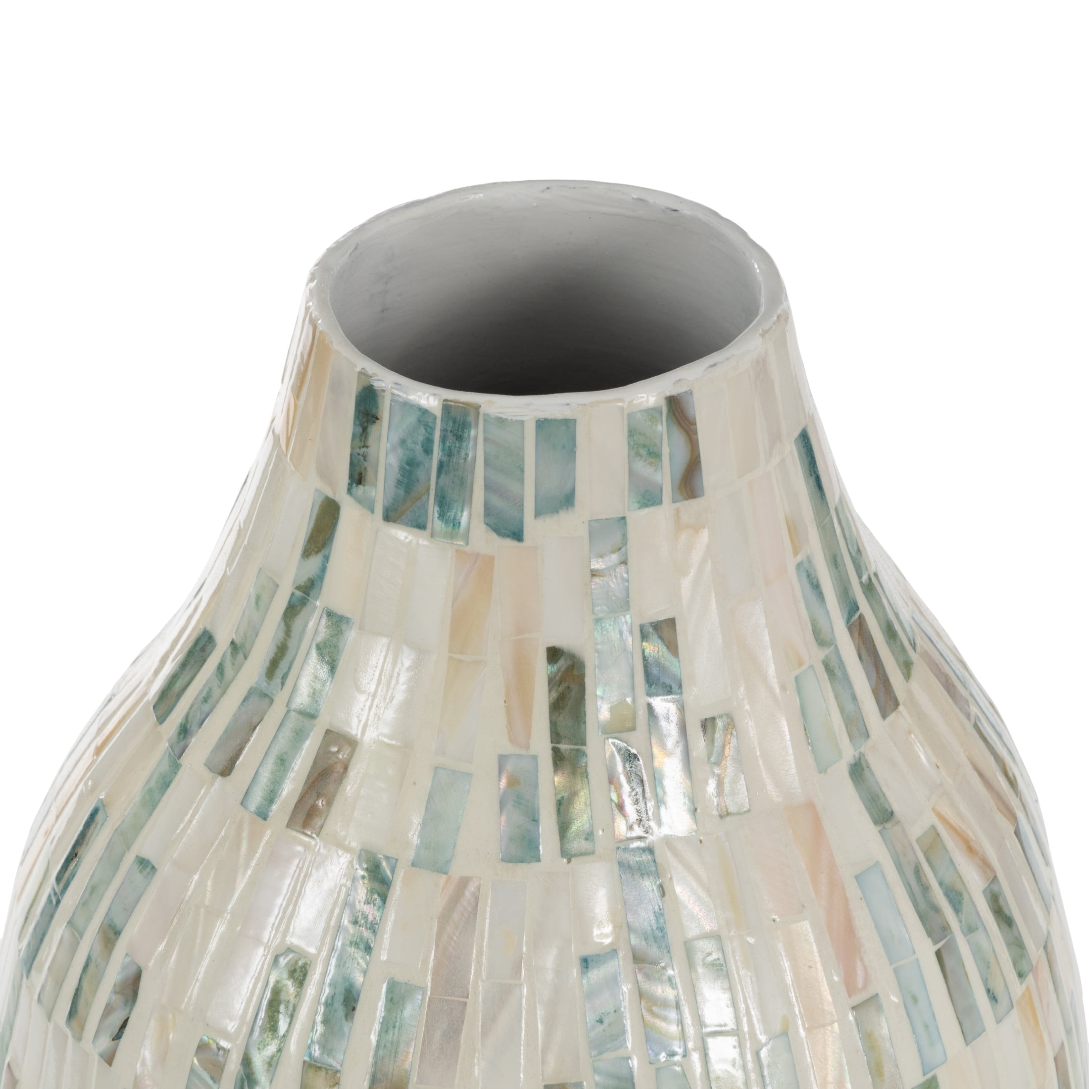 DecMode 28" Handmade Mosaic Inspired White Mother of Pearl Shell Vase with Pastel Blue and Pink Accents