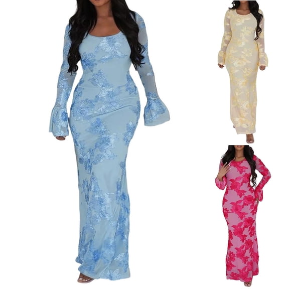 FRSASU Maxi Dresses for Women Elegant Classy Fall Winter Long Bell Sleeve Ruched Bodycon Fitted Cocktail Party Dress Hot Pink