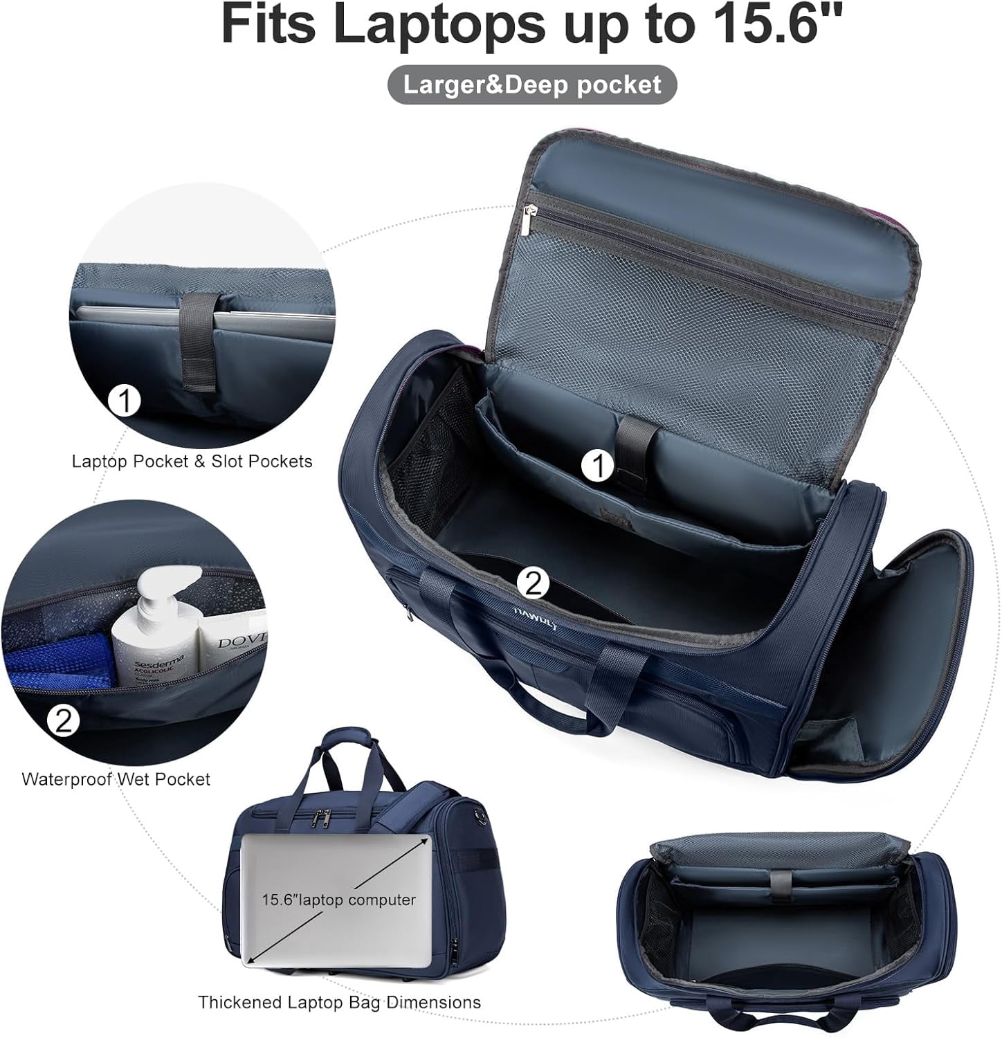 TIAWOLT Foldable Carry-On Luggage Bag Duffle Bag with laptop compartment for Business Trips,Carry-On Bag for Flight Crew Overnight & Weekend Travel,Dark Blue