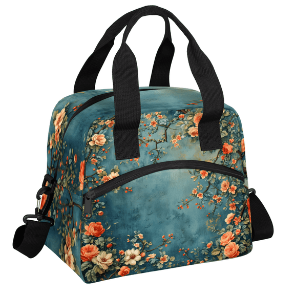 Herdesigns Vintage Floral Insulated Lunch Bag for Women Men Adults Large Reusable Lunch Box Flowers Leakproof Cooler Tote Bags with Adjustable Shoulder Strap
