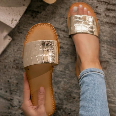

Ladies Glitter Check Open Toe Square Toe Flat Slippers