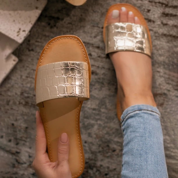 Pantuflas planas con punta cuadrada y punta abierta a cuadros con purpurina para mujer Wmkox8yii ytu10503